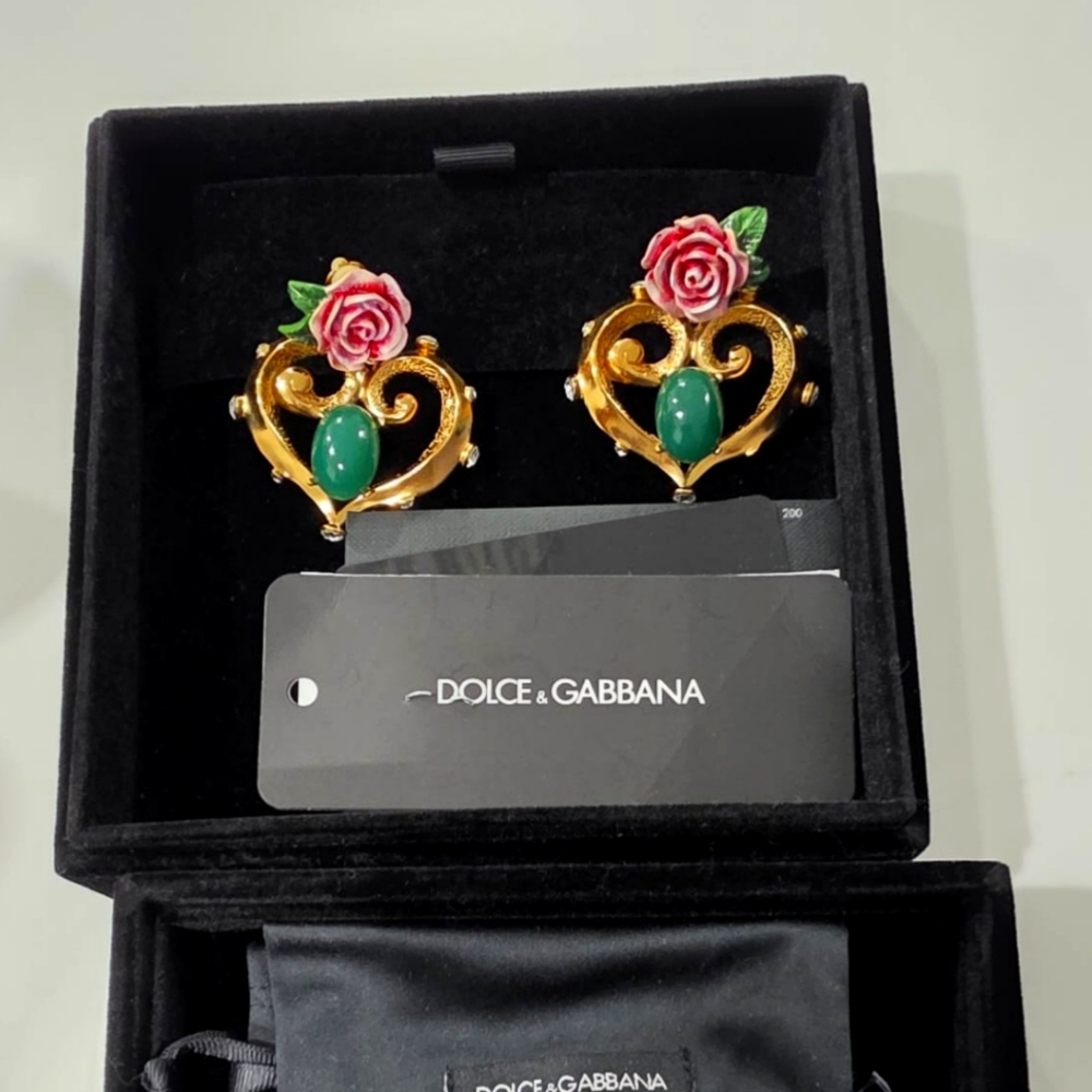Dolce & Gabbana Gold Earrings with Green and Pink Floral Design - Picture 2 of 5